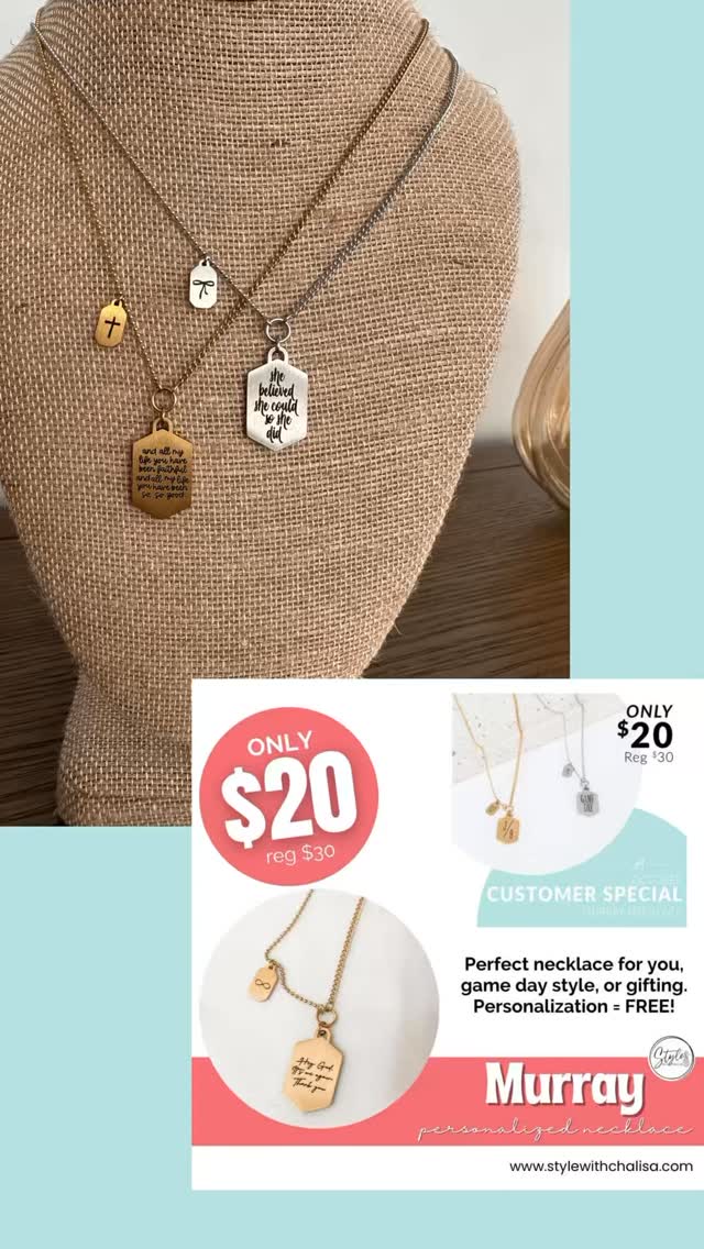 ✨ October’s shining star: The Murray Necklace ✨

Customizable. Chic. Completely you.

Available in gold or silver and on sale for just $20 this month only!

Did I mention free personalization? 👏🏼

Whether you’re styling your game day look or grabbing the perfect gift, this one’s a must-have. Don’t wait - this special ends when October does! 💫

#StyleWithChalisa #jBloomDesigns #PersonalizedJewelry #OctoberSpecial #MurrayNecklace #JewelryLover #FallStyle #CustomNecklace #GiftIdeas #ChalisaStyle